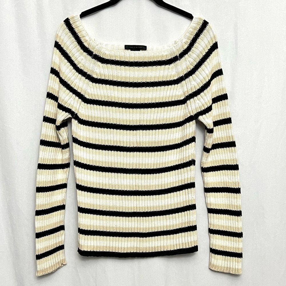 The Limited Ribbed Squared Boatneck Black Cream Striped Sweater Y2K Size Medium